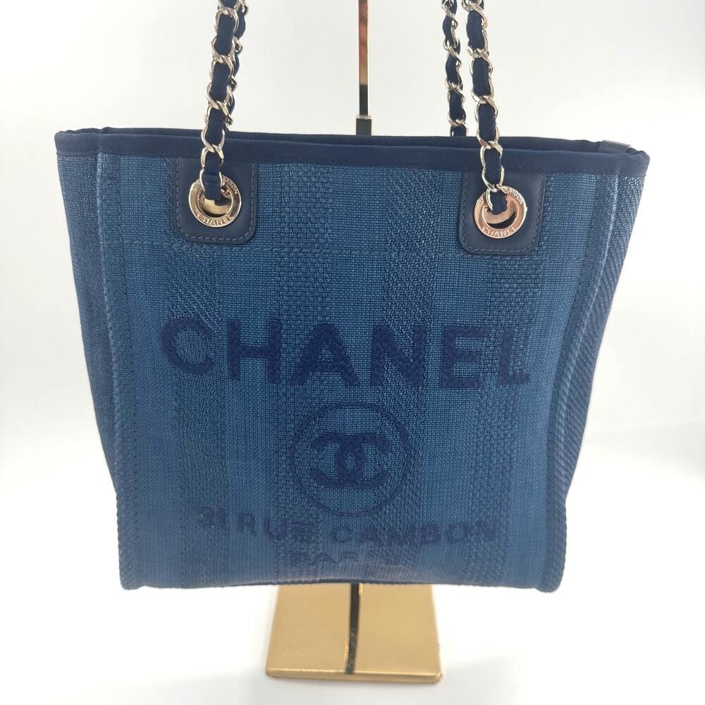Chanel Mini‎ Deauville Denim Blue Raffia Tote Bag Series 29 2019 CGHW Authentic